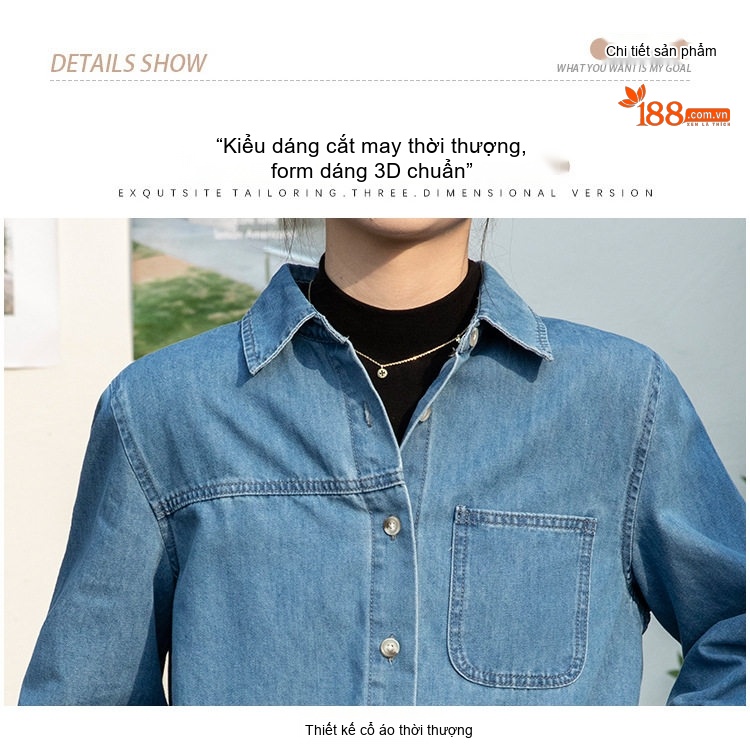 Áo Sơ Mi Nữ Tay Dài Cotton Thiết Kế Mới Phong Cách Pháp Màu Xanh Dương chi tiết 12