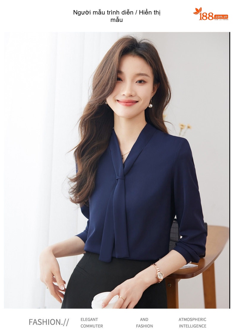 Áo Sơ Mi Nữ Cổ chữ V Chữ V Thắt Nơ Tay Dài Phong Cách Công Sở Màu Trắng, Xanh Navy chi tiết 14