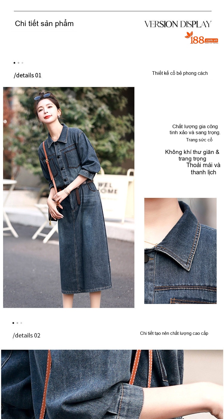Váy Đầm Jean Nữ Dáng Dài Thắt Eo Phong Cách Công Sở Màu Xanh Denim chi tiết 6