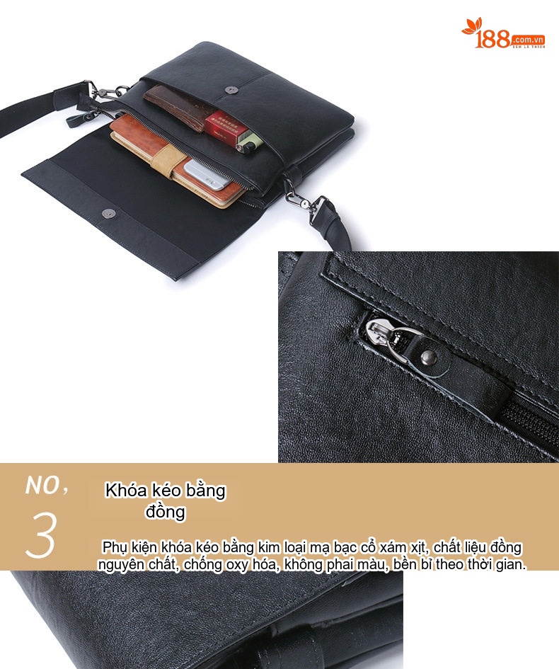 Túi Đeo Vai Nam Da Bò Phong Bì Thời Trang Công Sở Ipad Mỏng Nhẹ Màu Đen chi tiết 16