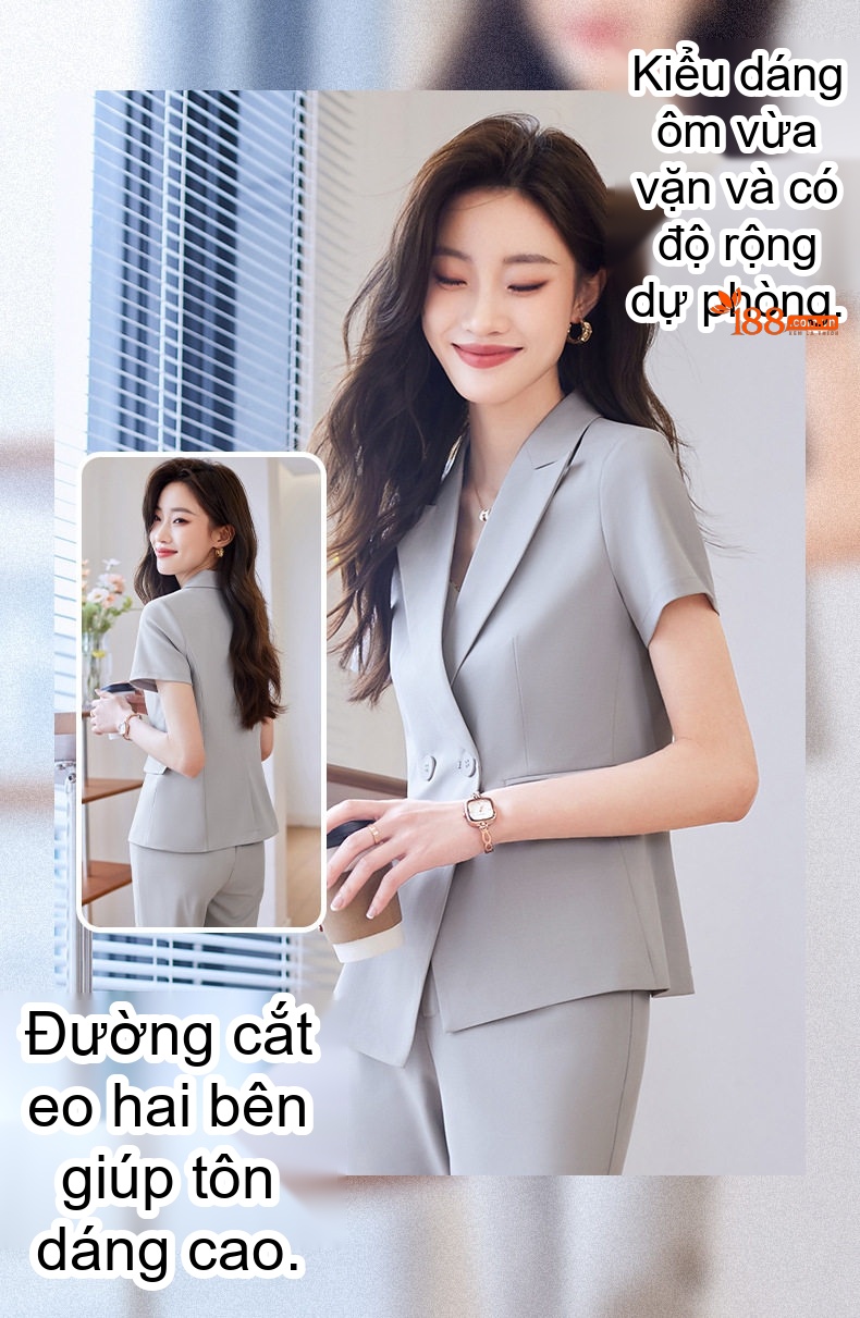 Bộ Vest Công Sở Nữ Tay Ngắn Mỏng Nhẹ Màu Xám, Be, Đen chi tiết 7