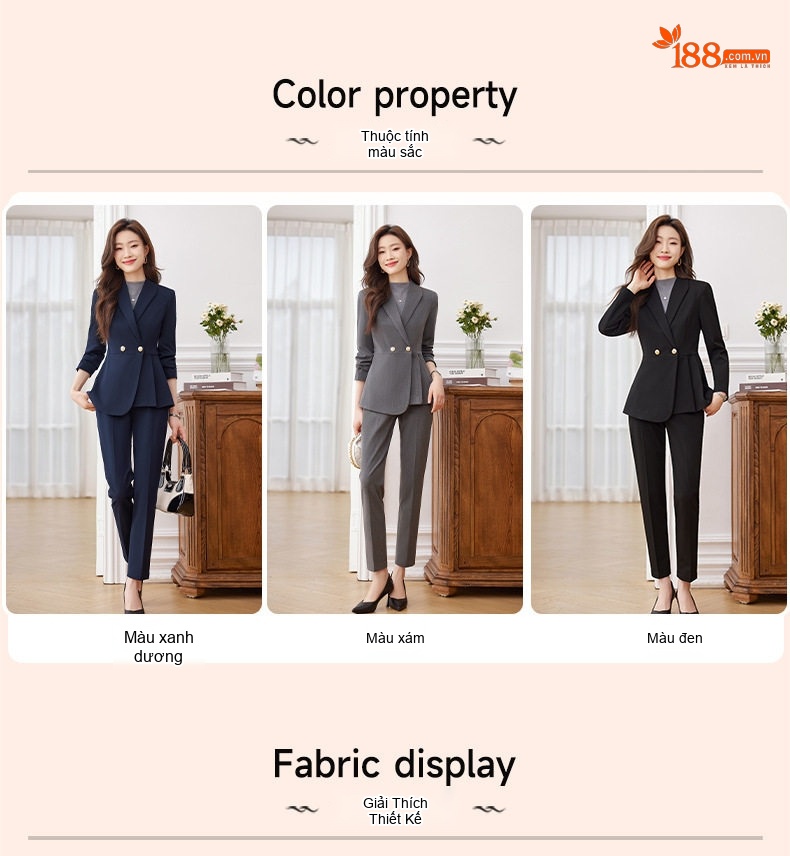 Bộ Vest Công Sở Nữ Dáng Ôm Thanh Lịch Màu Đen, Xám, Xanh Navy chi tiết 3