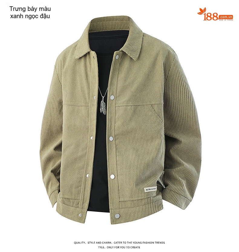 Áo Khoác Nam Cổ Bẻ Vải CORDUROY Dáng Bomber Màu Đen, Kem, Xanh Olive chi tiết 11