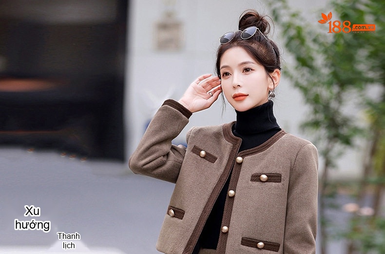 Set Áo Khoác Lửng Chân Váy Tiểu Thư Lót Lông Vũ Trắng Phong Cách Thanh Lịch Màu Nâu, Xám chi tiết 1
