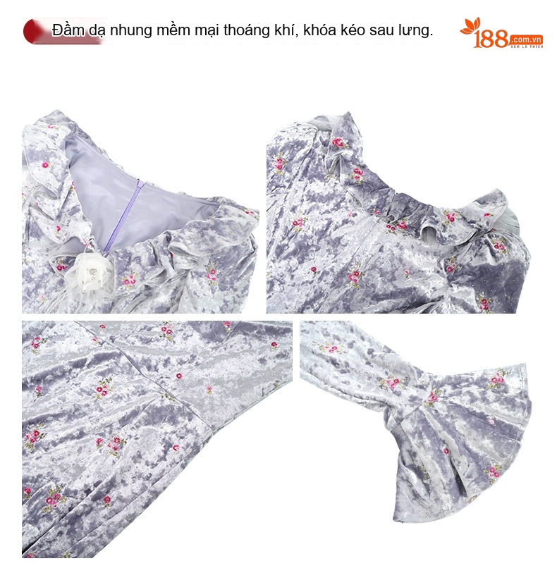 Váy Đầm Nữ Nhung Tăm Thêu Hoa Cổ Bèo Nhún Dáng Ôm chi tiết 4