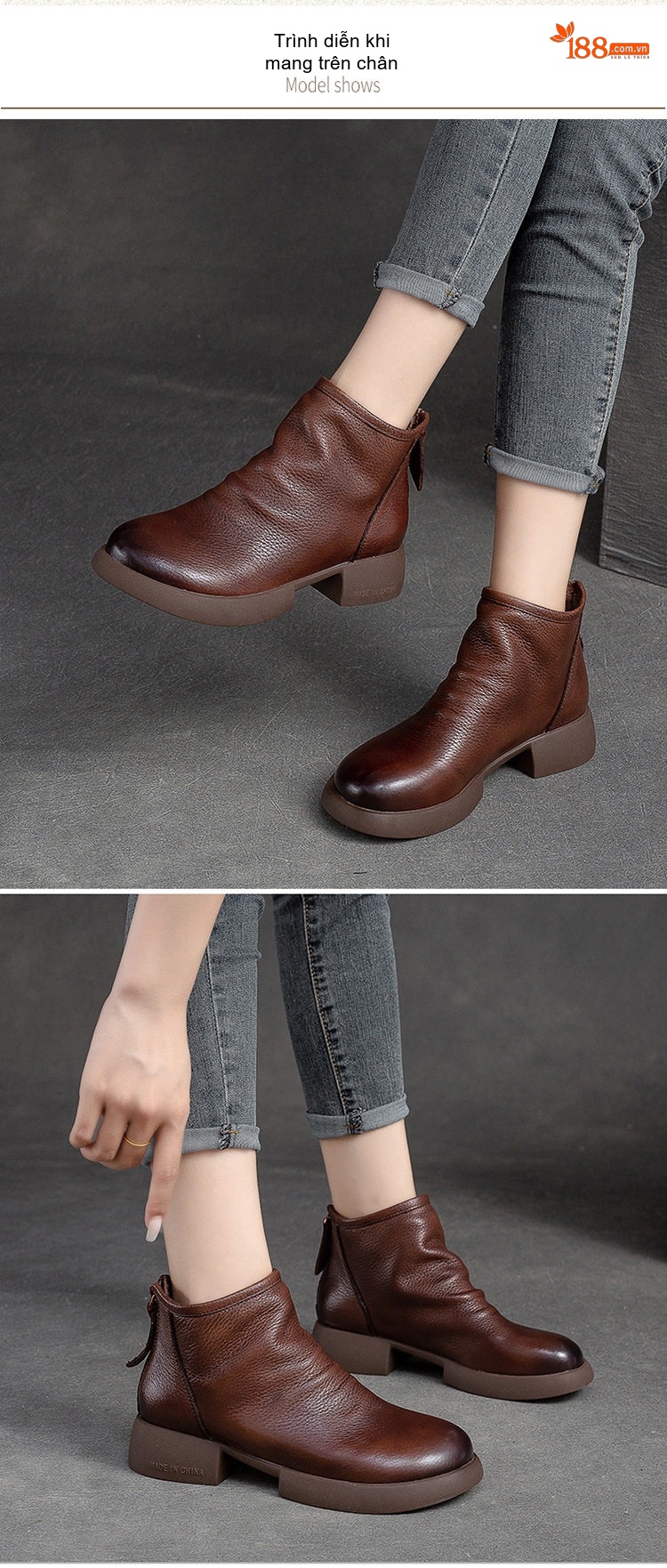 Boot Nữ Cao Cổ Da Bò Đế Bằng Chiều Cao Đế Khoảng 3cm Màu Đen, Nâu chi tiết 7