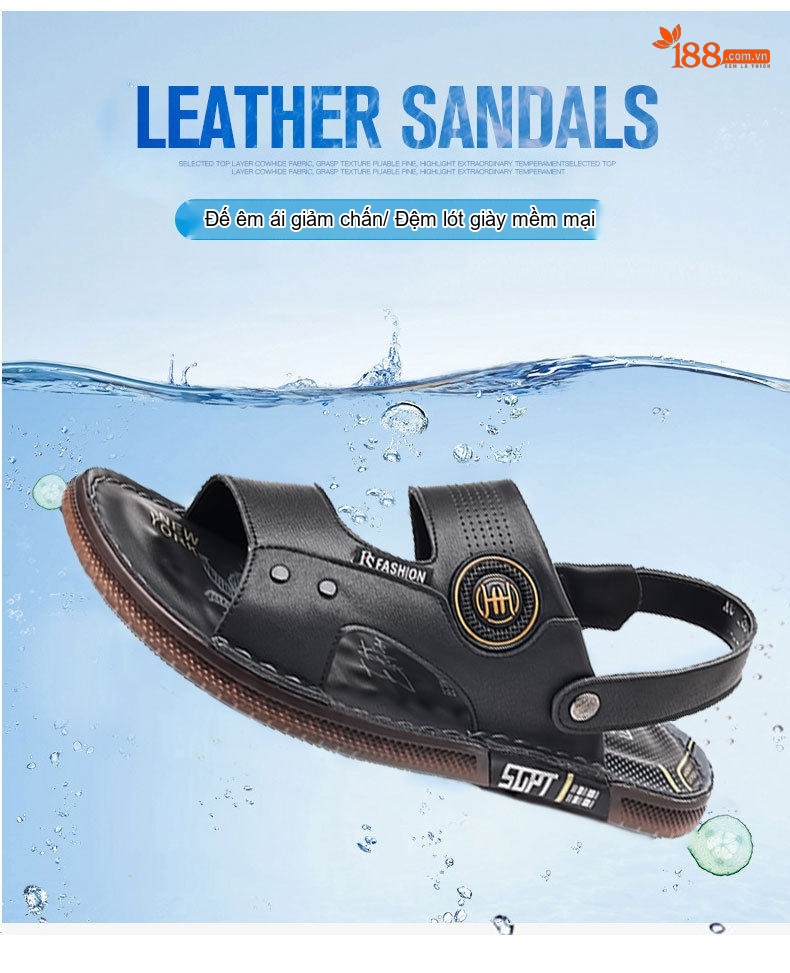 Dép Sandal Nam Da Thật Chống Trượt Thoáng Khí Chiều Cao Đế Khoảng 2cm Màu Nâu, Đen chi tiết 8