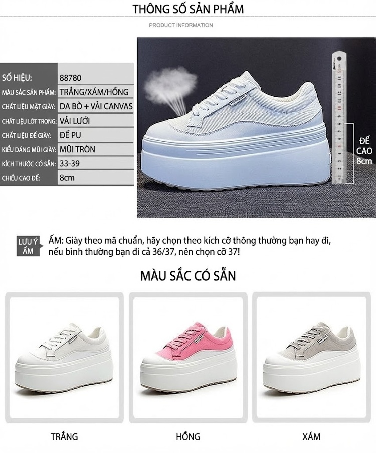 Giày Sneaker Nữ Vải Dệt Đế Dày Chiều Cao Đế Khoảng 8cm Màu Hồng, Trắng, Xám chi tiết 5