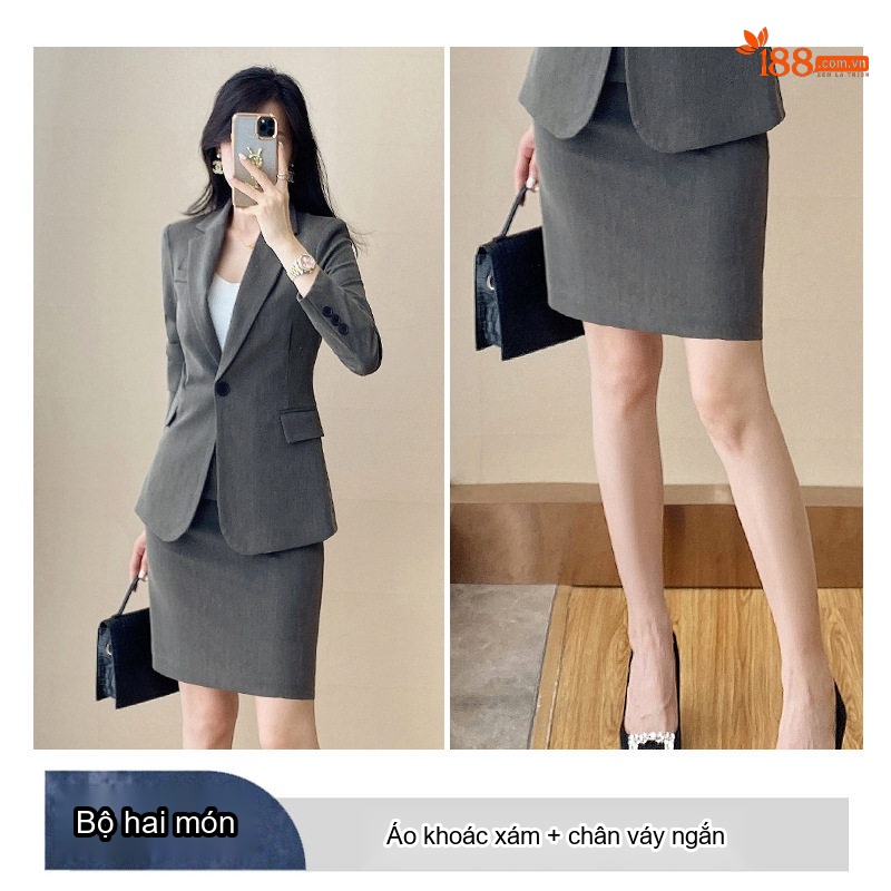 Bộ Vest Nữ Công Sở Dáng Ôm Thanh Lịch Màu Đen, Xám, Xám Gạo, Xanh Than