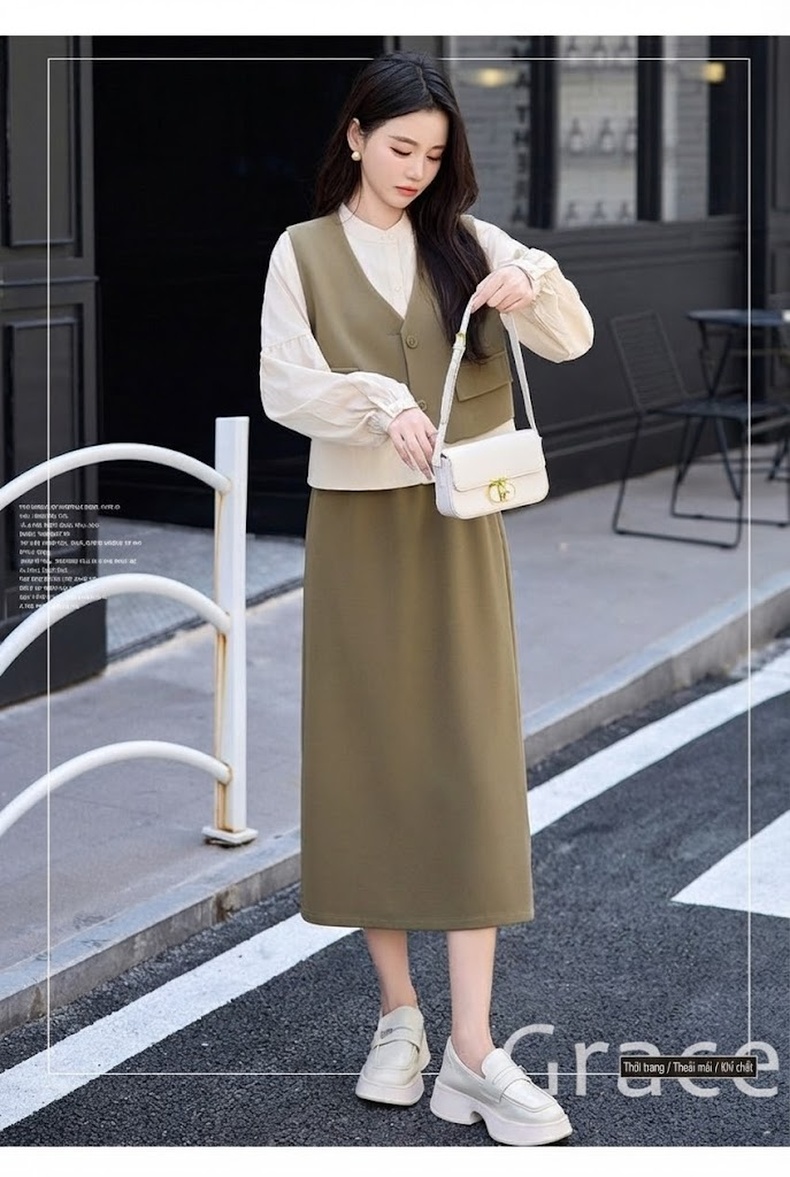 Set Bộ Vest Gile Nữ Áo Dài Tay Chân Váy Midi Thanh Lịch Màu Đen, Be, Xanh Olive chi tiết 2