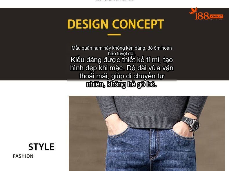 Quần Jean Nam Dáng Ôm Vừa, Ống Đứng, Co Giãn, Phong Cách Lịch Lãm Màu Xanh Denim chi tiết 3