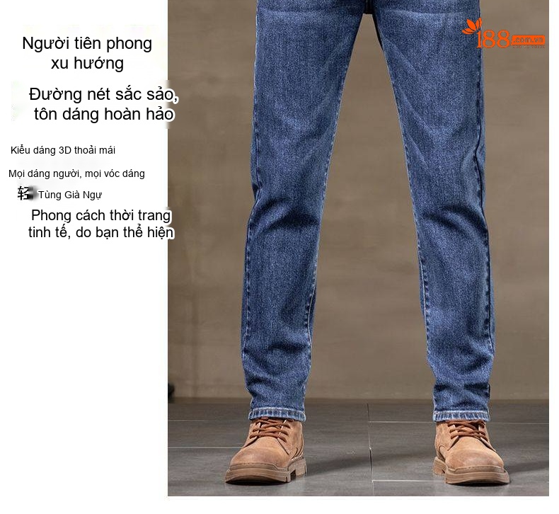 Quần Jean Nam Dáng Ôm Vừa, Ống Đứng, Co Giãn, Phong Cách Lịch Lãm Màu Xanh Denim chi tiết 4