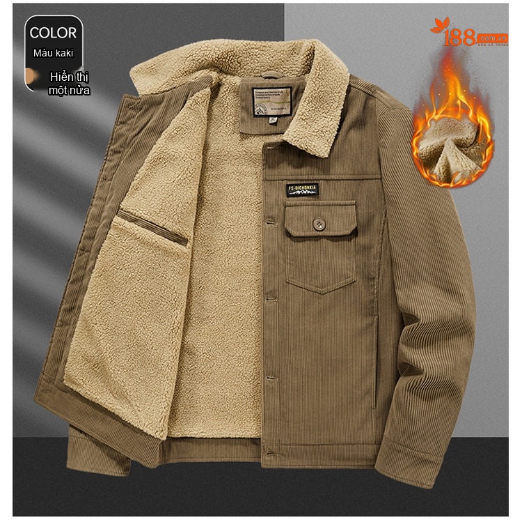 Áo Khoác Cotton Lông Cừu Nam Dáng Rộng Có Cổ Màu Nâu, Xanh Rêu, Đen chi tiết 14