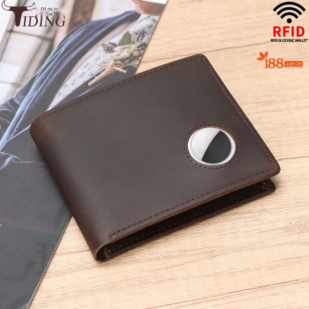 Ví Nam Da Bò Ngắn Dạng Gập Đôi Chống RFID Màu Nâu