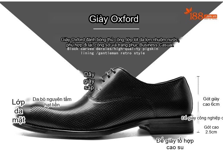 Giày Tây Buộc Dây Nam Da Bò Lỗ Thoáng Khí Chiều Cao Đế Khoảng 3cm Màu Đen, Nâu chi tiết 2