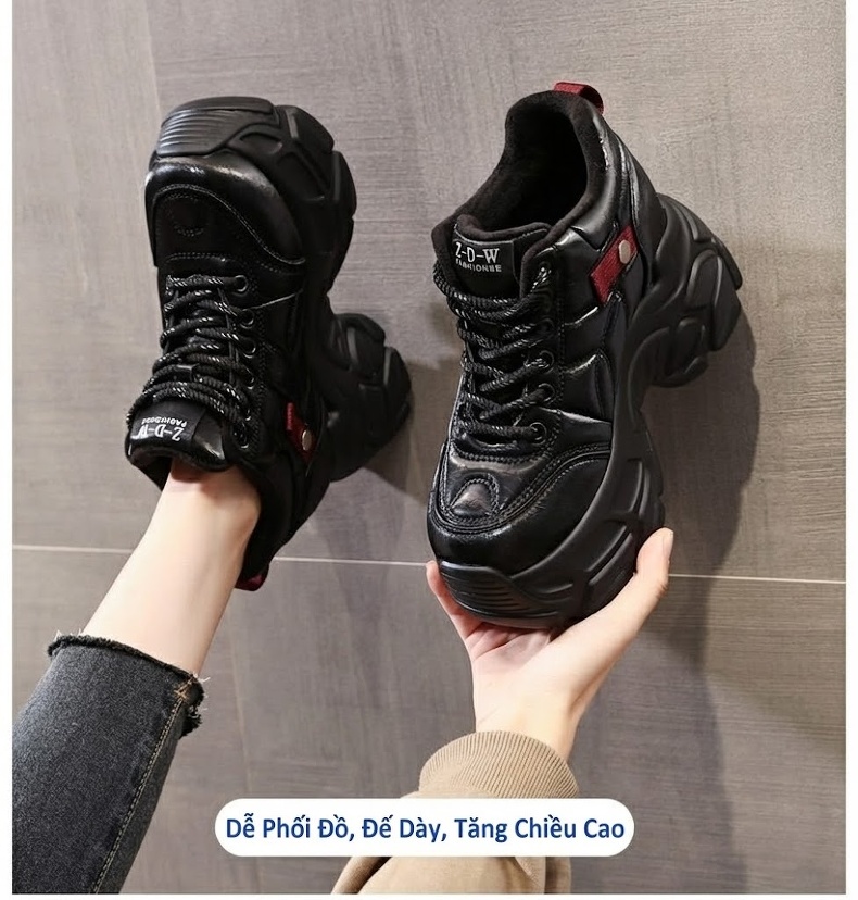 Giày Sneaker Nữ Da Bóng Đế Cao Khoảng 8.5cm Lót Lông Giữ Ấm Màu Đen, Nâu chi tiết 1