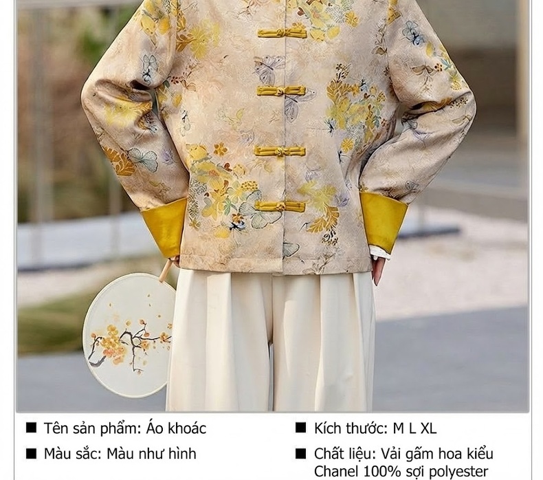 Áo Khoác Nữ Phong Cách Trung Hoa Thêu Hoa Văn Họa Tiết Tay Lỡ Cổ Tàu Màu Be chi tiết 10