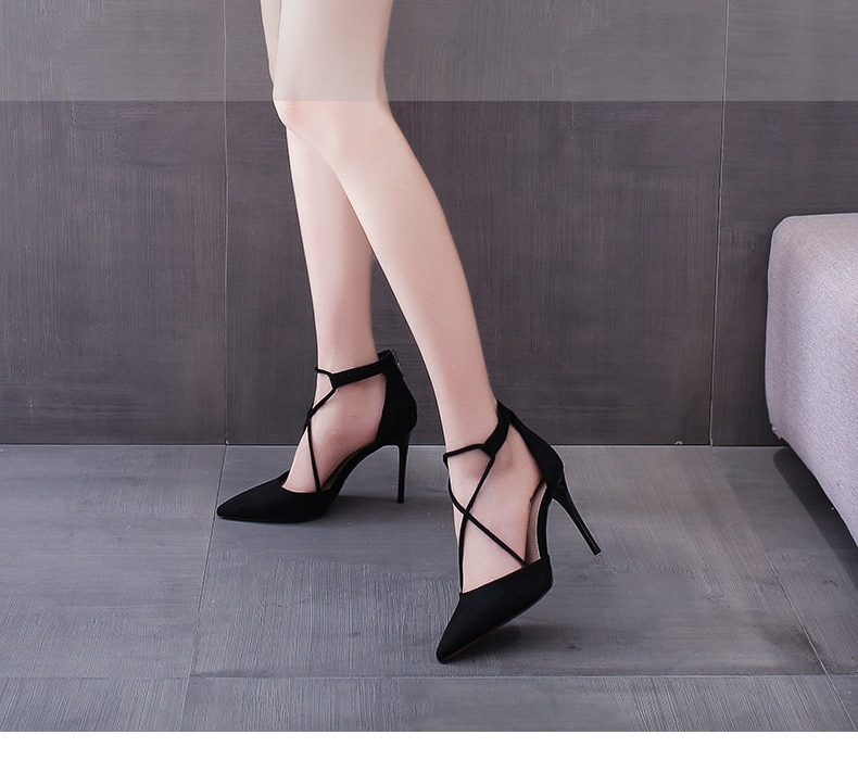 Giày Cao Gót Nữ Mũi Nhọn Quai Mảnh Chiều Cao Đế Khoảng 7cm Phong Cách Tiểu Thư Màu Đen, Be chi tiết 2