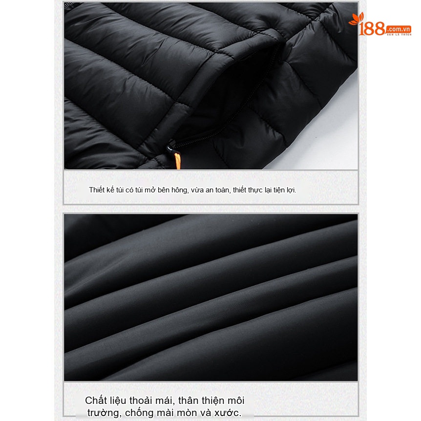 Áo Khoác Phao Nam Cotton Mũ Trùm Đầu Có Thể Tháo Rời Dáng Rộng Màu Đen, Xám