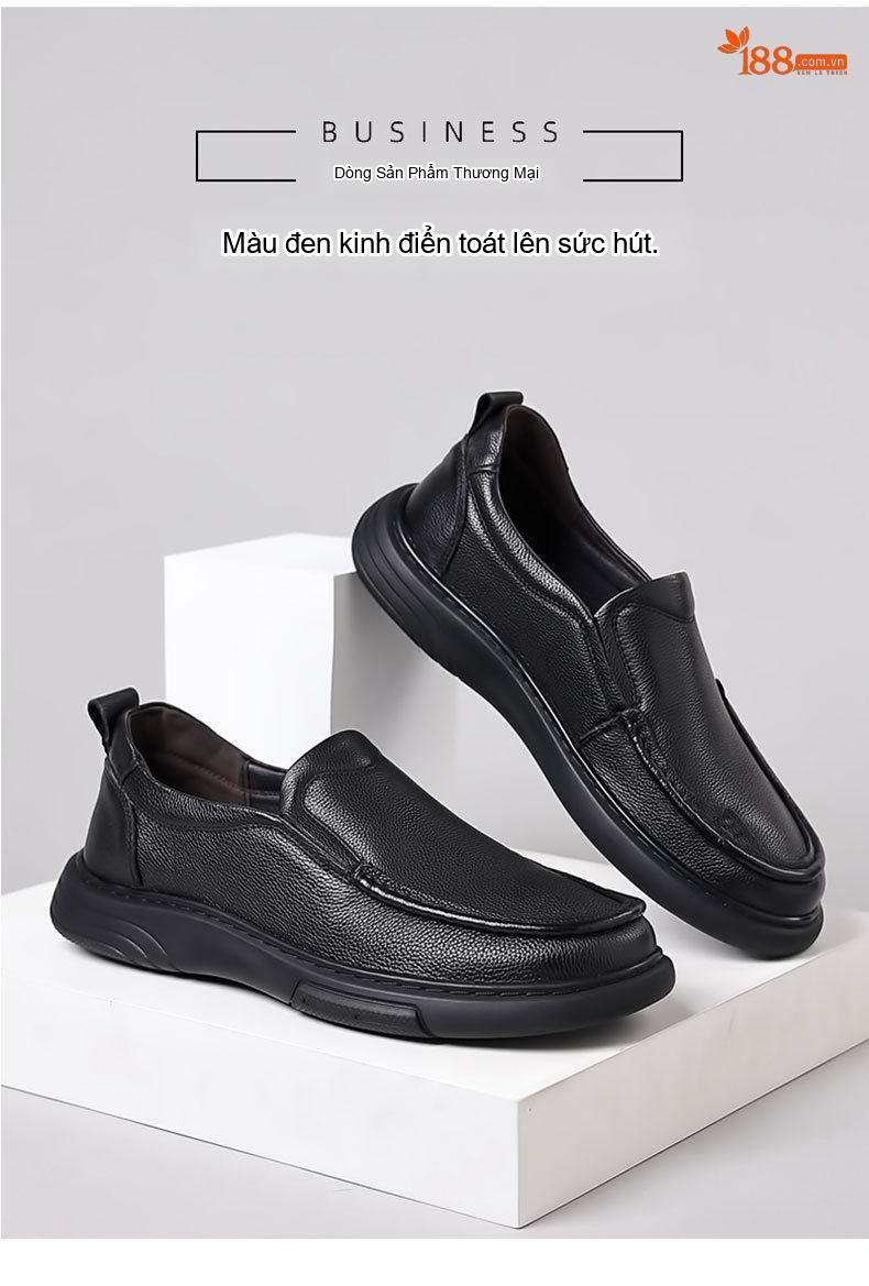 Giày Lười Nam Da Bò Đầu Tròn Chống Trượt Chiều Cao Đế Khoảng 3cm Màu Đen chi tiết 2