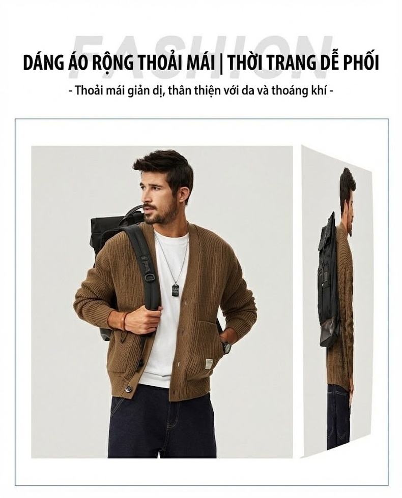 Áo Khoác Cardigan Nam Dệt Kim Cổ Chữ V Dáng Rộng Màu Xanh Navy, Nâu chi tiết 3