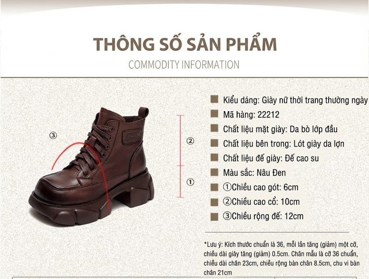 Boot Martin Nữ Da Bò Cổ Cao Đế Bánh Mì Chiều Cao Đế Khoảng 6cm Màu Đen, Nâu chi tiết 2