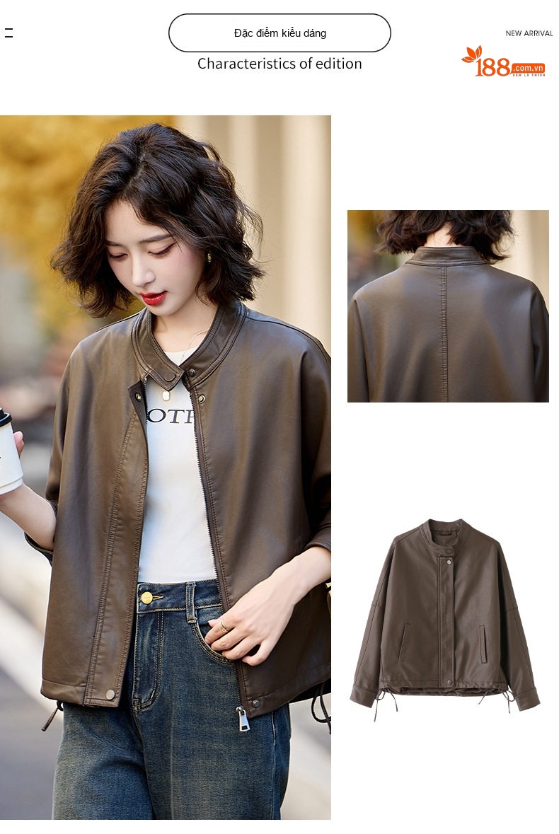 Áo Khoác Bomber Nữ Da PU Dáng Ngắn Rộng Kiểu Retro Màu Nâu, Đen chi tiết 4