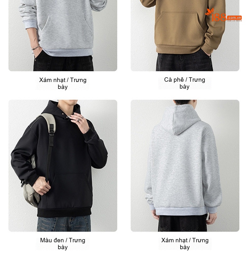 Áo Hoodie Nam Dáng Rộng Tay Dài Có Mũ Trùm Đầu Phong Cách Casual Màu Đen, Xám, Nâu chi tiết 11