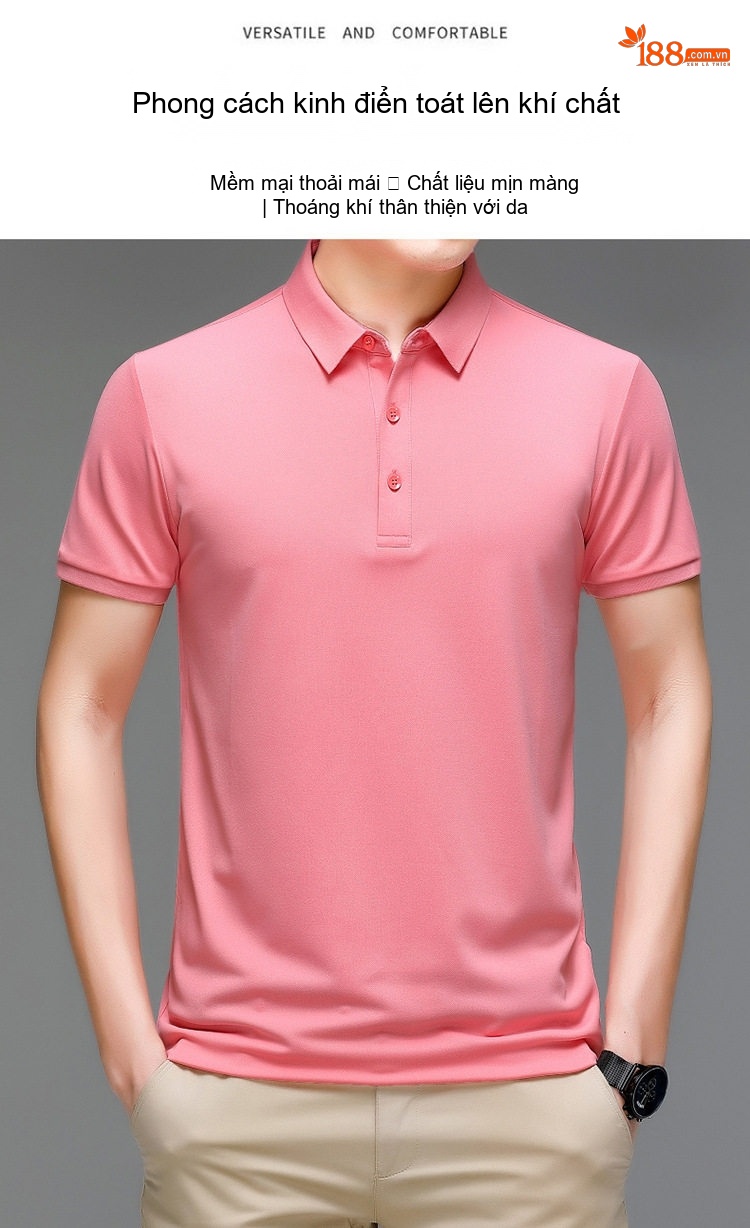 Áo Polo Nam Lụa Tơ Tằm Cộc Tay Phong Cách Doanh Nhân Màu Hồng, Đen, Đỏ, Xanh... chi tiết 2
