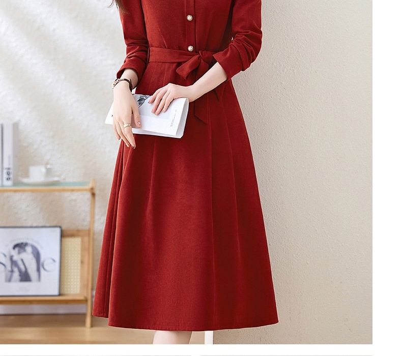 Váy Đầm Nữ dáng chữ A Thắt Eo Tay Dài Phong Cách Hàn Quốc Màu Đỏ chi tiết 24