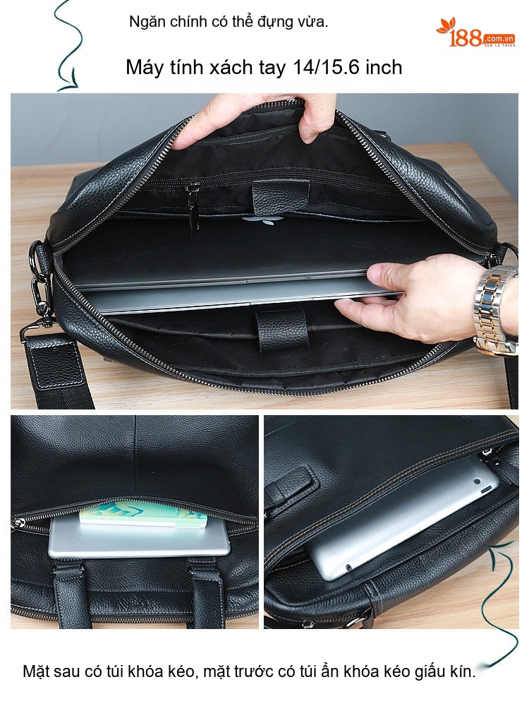 Cặp Túi Xách Công Sở Nam Da Bò Lớp Đầu Đựng Laptop, Túi Đeo Chéo Đựng Tài Liệu Màu Đen chi tiết 22
