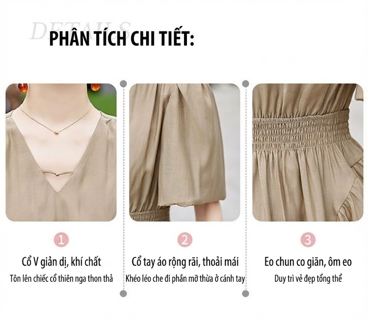 Váy Dài Nữ Cổ chữ V Thun Eo, Tay Ngắn, Xòe Lớn Phong Cách Hàn Quốc Màu Nâu, Xanh Olive chi tiết 7