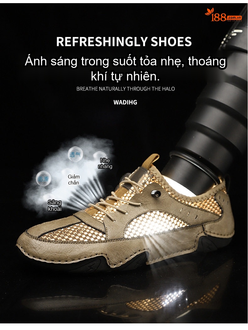 Giày Thể Thao/Sneaker Nam Da Bò Lưới Thoáng Khí Chiều Cao Đế Khoảng 3cm Màu Nâu, Xám, Đen chi tiết 4