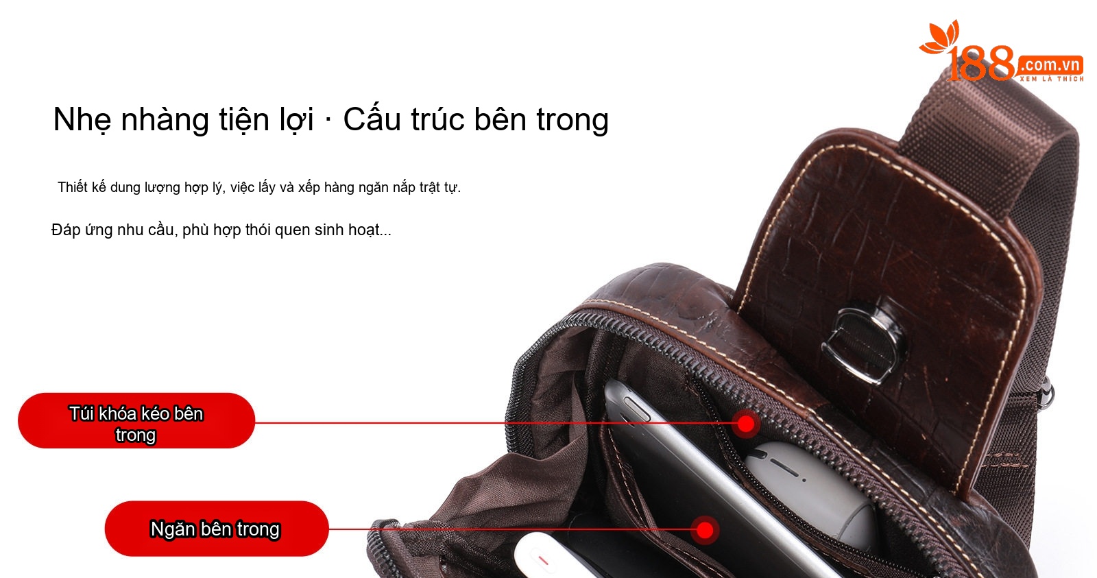 Túi Đeo Ngực Nam Da Bò Vân Cá Sấu Dáng Thể Thao Khóa Kéo