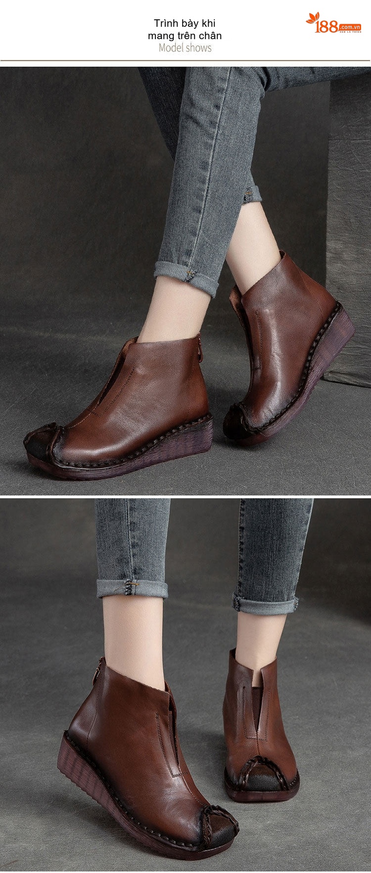 Boot Nữ Da Bò Cổ Ngắn Phong Cách Vintage Chiều Cao Đế Khoảng 3cm Màu Nâu, Đen chi tiết 8