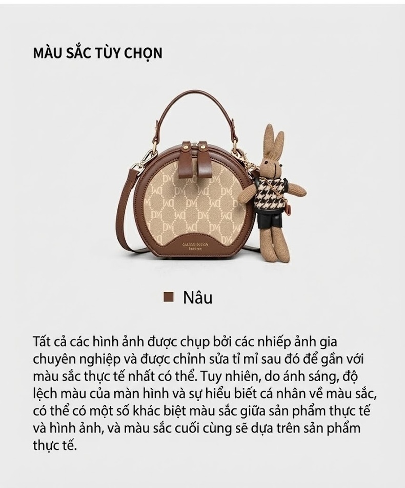Túi Xách Nữ Mini Dáng Tròn Da Bóng Đeo Chéo Xách Tay Màu Nâu, Be chi tiết 5