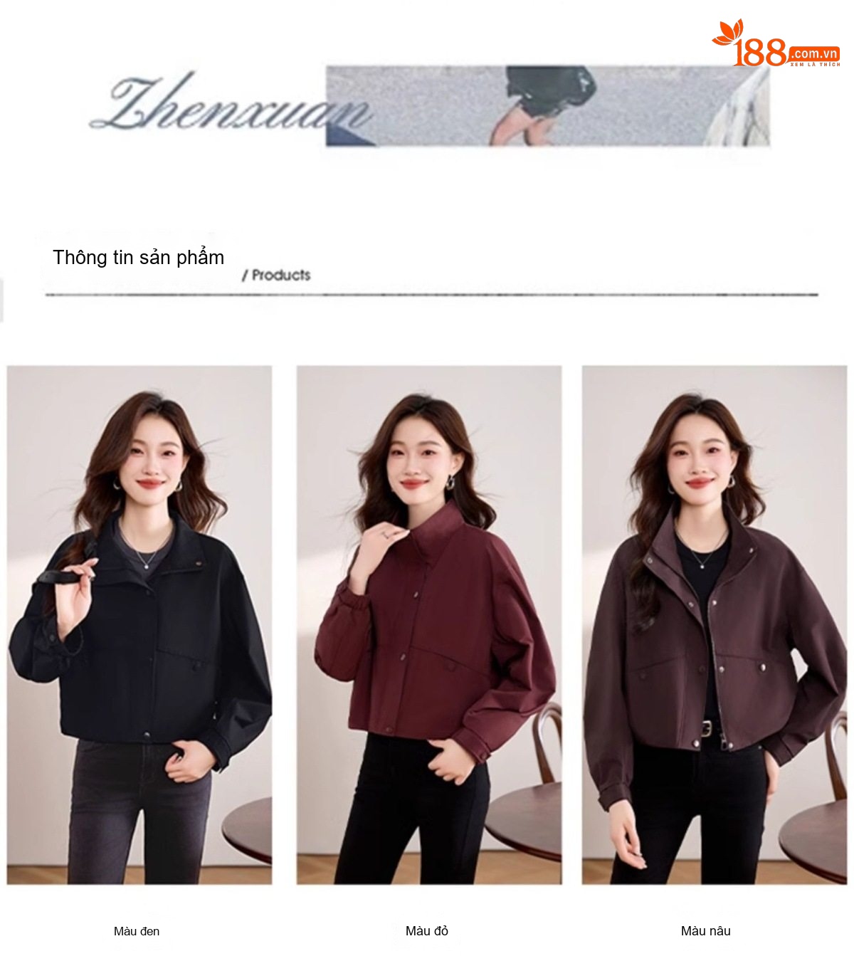 Áo Khoác Bomber Nữ Tay Lỡ Dáng Ngắn Màu Đỏ, Nâu, Đen chi tiết 14