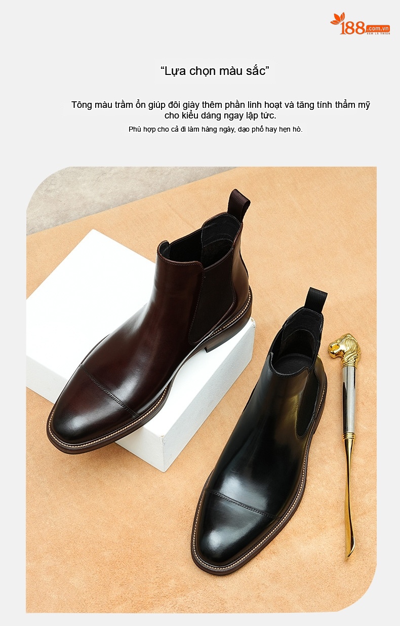 Chelsea Boots Nam Da Bò Cao Cổ Phong Cách Anh Quốc Chiều Cao Đế Khoảng 3cm Màu Đen, Nâu chi tiết 3