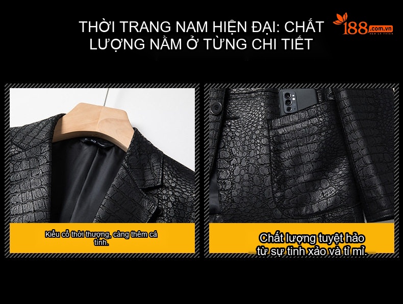 Áo Khoác Blazer Nam Da Cừu Thật Vân Cá Sấu Lịch Lãm Màu Đen chi tiết 6