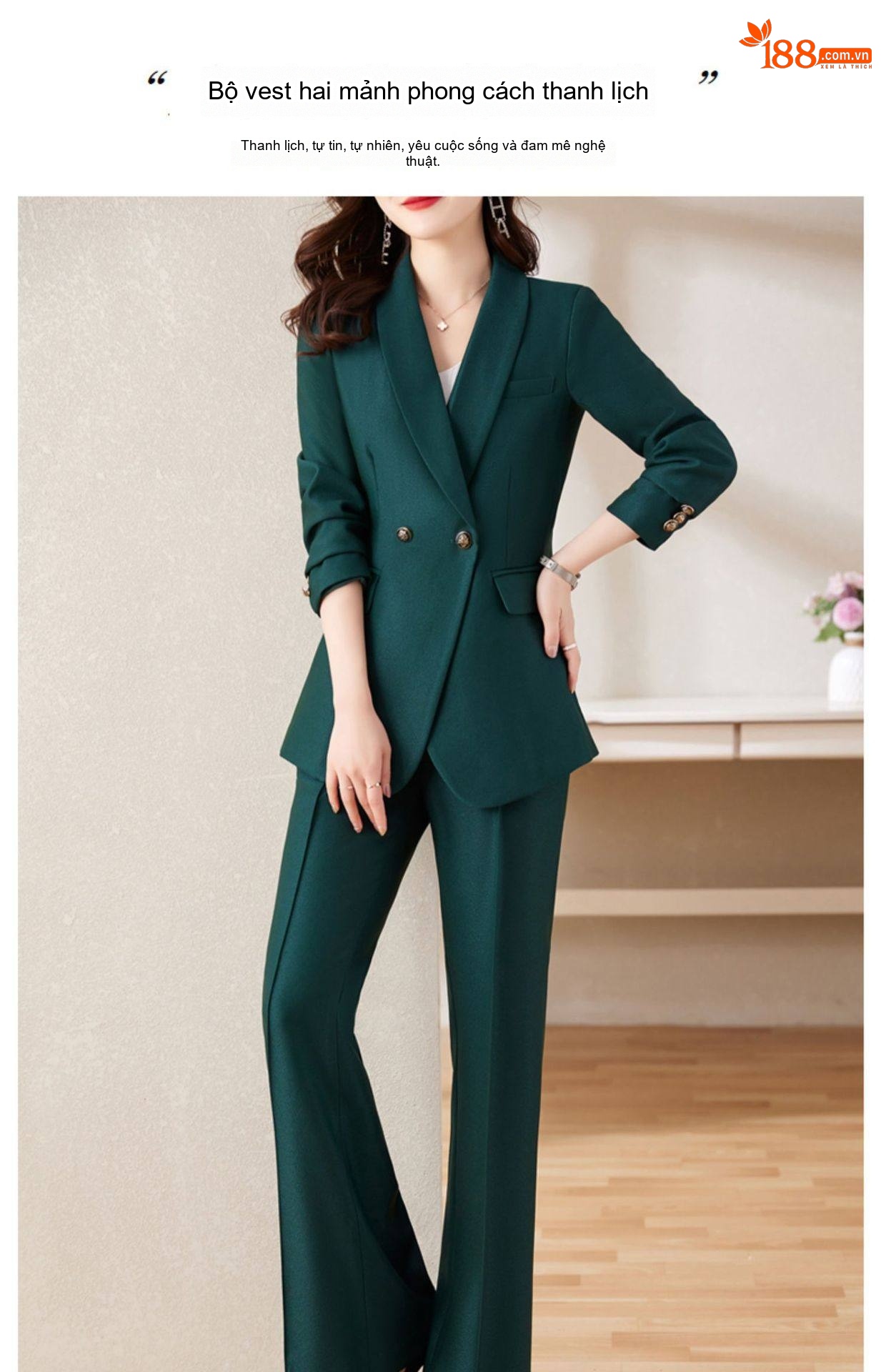 Set Bộ Vest Nữ Quần Ống Rộng Dáng Ôm Thanh Lịch Màu Đỏ, Xanh Lá, Đen chi tiết 8