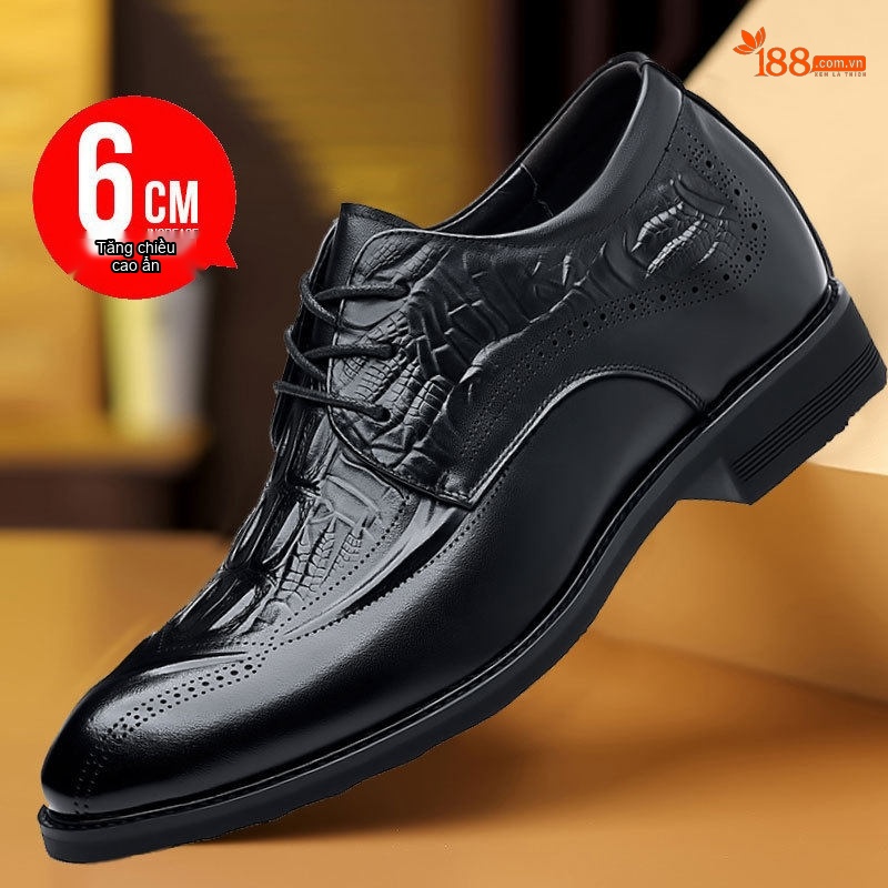 Giày Tây Buộc Dây Nam Da Bò Brogue Chiều Cao Đế 6cm Màu Đen