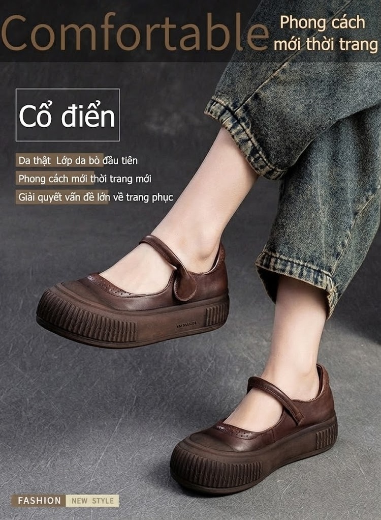 Giày Búp Bê Nữ Quai Dán Phong Cách Retro Chiều Cao Đế Khoảng 3cm Màu Nâu chi tiết 1