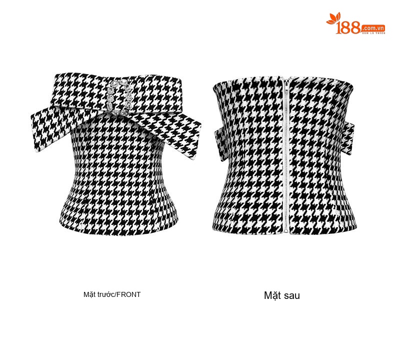 Áo Croptop Nữ Họa Tiết Houndstooth Hở Vai Thiết Kế Nơ Màu Đen Trắng chi tiết 5