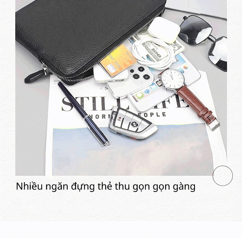 Ví Cầm Tay Nam Da Bò Thật Phong Cách Doanh Nhân Thời Trang Màu Đen chi tiết 2