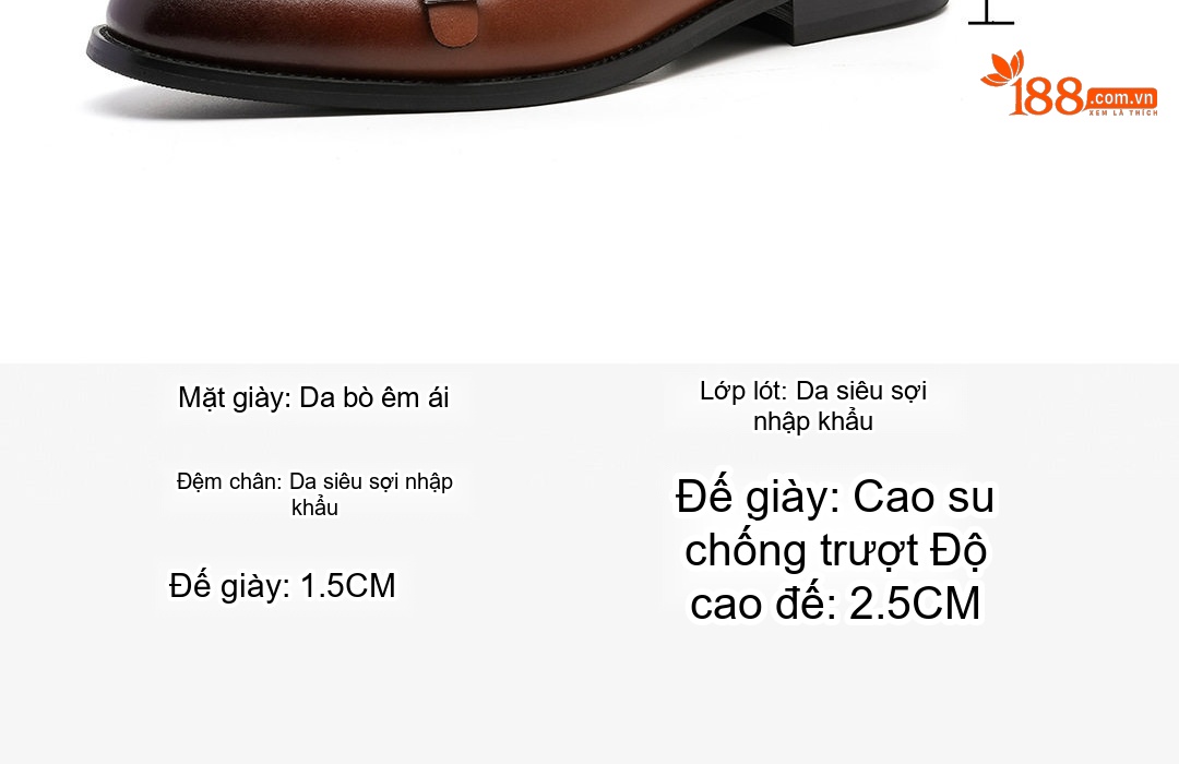 Giày Lười Nam Da Thật Hai Khóa Chiều Cao Đế Khoảng 3cm Màu Nâu chi tiết 6