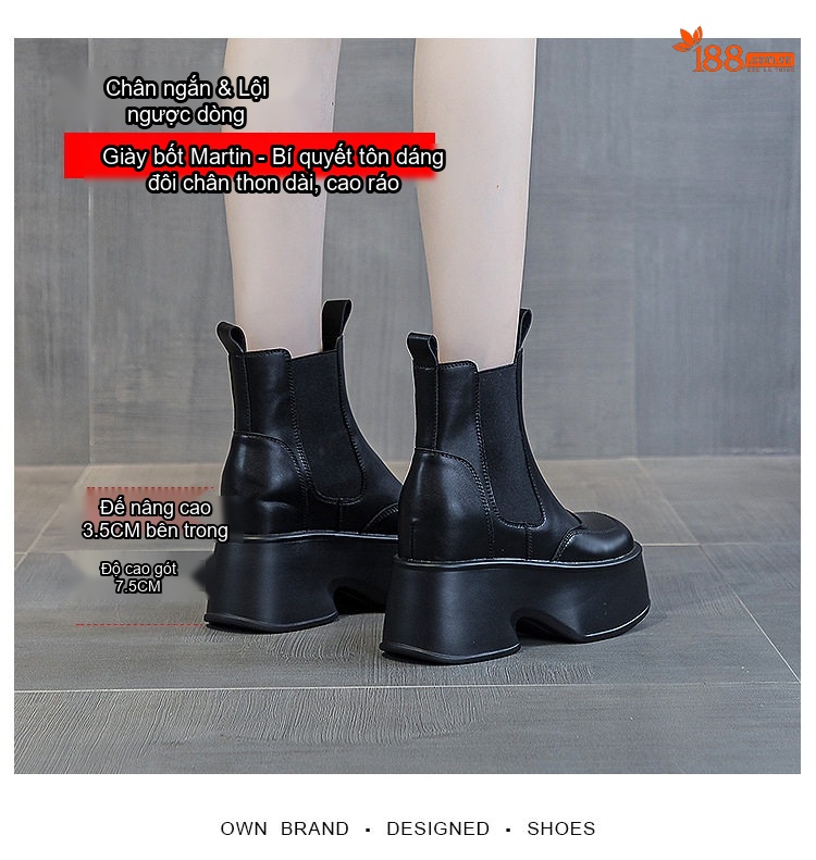 Giày Boot Martin Nữ Cổ Lửng Đế Dày Chiều Cao Đế Khoảng 11cm Da Bóng Màu Đen chi tiết 2