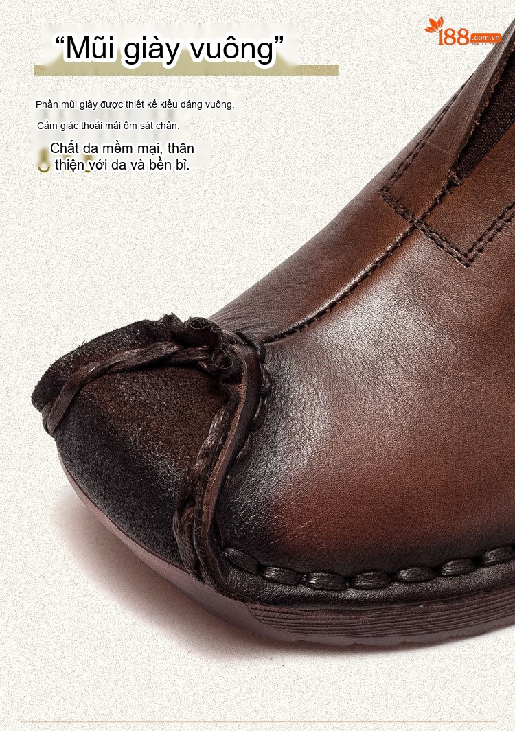 Boot Nữ Da Bò Cổ Ngắn Phong Cách Vintage Chiều Cao Đế Khoảng 3cm Màu Nâu, Đen chi tiết 5