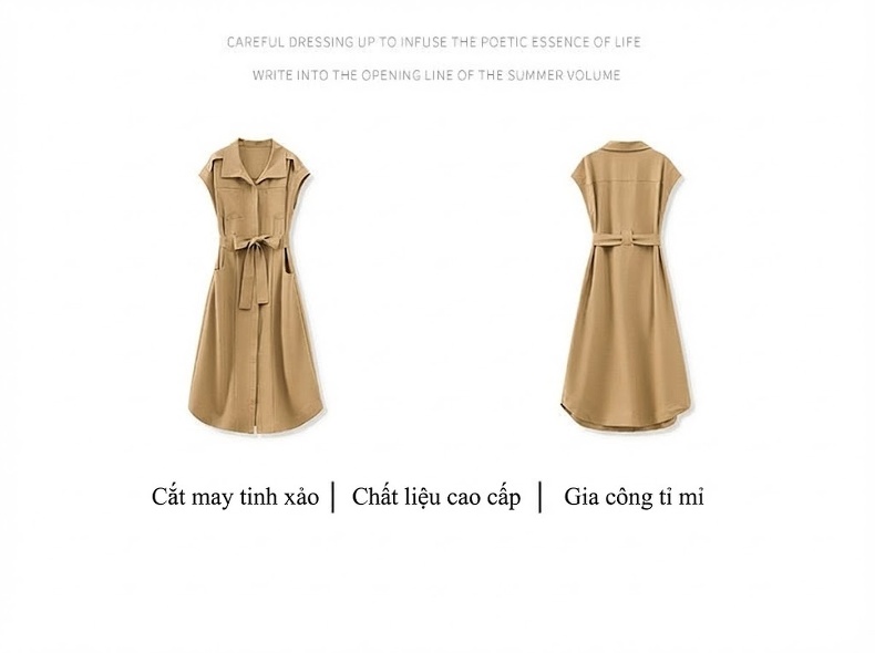 Váy Suông Nữ Công Sở Cổ Bẻ Tay Cộc dáng chữ A Chiết Eo Màu Nâu, Đen chi tiết 1