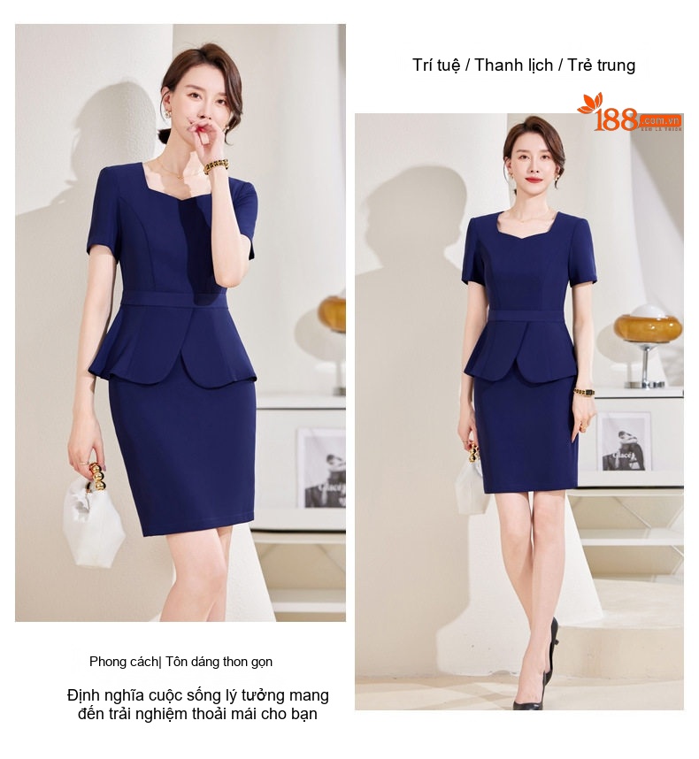 Bộ Vest Công Sở Nữ Tay Ngắn Quần/Chân Váy Áo Peplum Màu Đen, Xanh Navy chi tiết 19