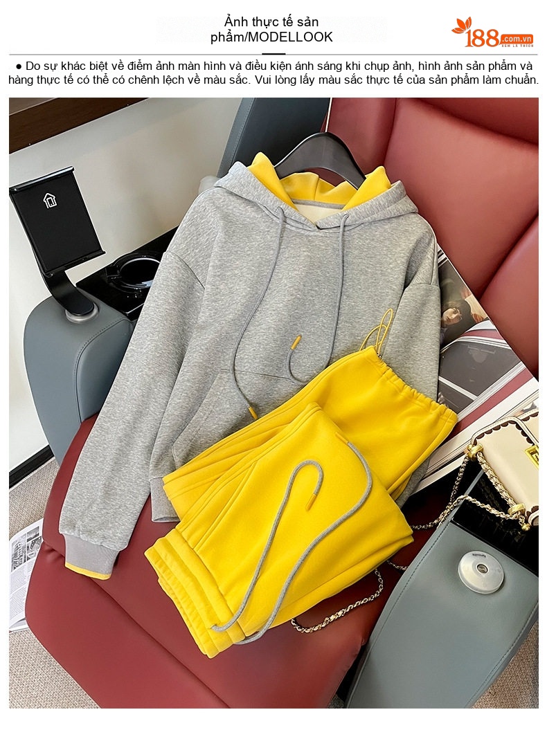 Bộ thể thao nữ áo hoodie quần dài lót lông giữ ấm chi tiết 3
